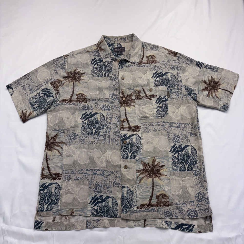 Woolrich Shirt Men's Large Khaki Hawaiian Print Short Sleeve Beach Island Fun
